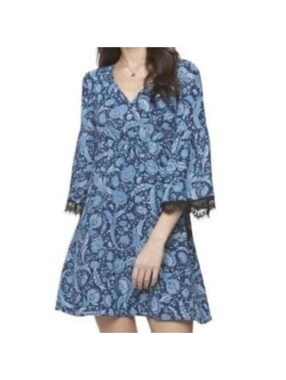 NWT Candie's Blue Paisley Mini Dress Boho Lace Fringe Trim Medium Bell Sleeves